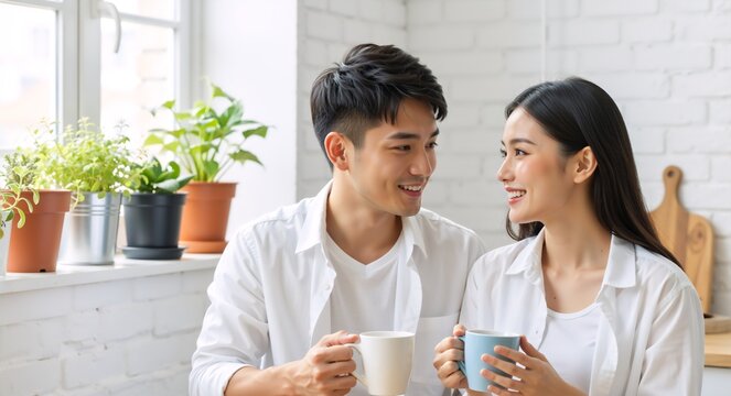 Happy young Asian couple smiling and talking while drinking coffee at home. Romantic man and woman enjoying a morning beverage together in their kitchen. Love and relationship lifestyle - Powered by Adobe