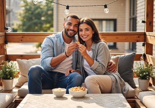 Happy mixed-race couple smiling together on a cozy home balcony. A young man and woman relaxing on an outdoor sofa sharing a snack under string lights. - Powered by Adobe