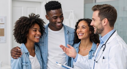 Friendly male doctor consulting with a happy young diverse group of patients. Positive medical appointment in a modern clinic. Healthcare and communication concept