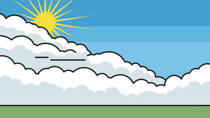 Fototapeta premium Vector illustration of a bright sun shining behind clouds over a green field.