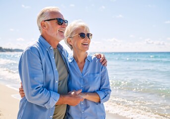 Happy senior couple walking on the beach together. Mature man and woman enjoying their retirement vacation. Active lifestyle and love concept