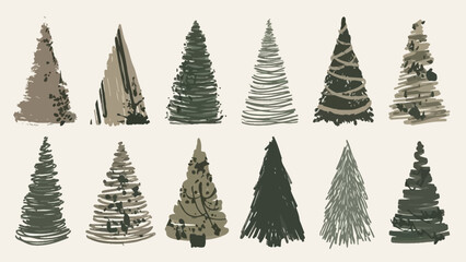 Collection of hand-drawn Christmas tree illustrations in a modern, minimalist style.