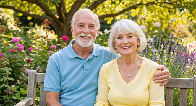 Happy senior couple smiling at the camera while sitting on a bench in a sunny garden. Portrait of a mature man and woman enjoying their retirement outdoors - Powered by Adobe