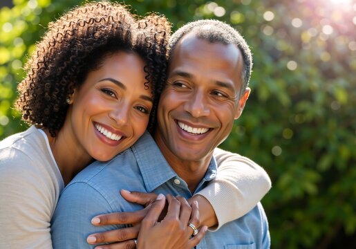 Happy mature african american couple embracing outdoors. Loving black husband and wife smiling together in a park on a sunny day - Powered by Adobe