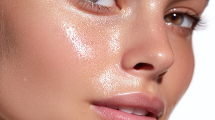 Fototapeta premium Glowing skin with dewy finish close up of cheek and lips natural beauty healthy complexion soft light smooth texture fresh hydrated radiant youthful appearance