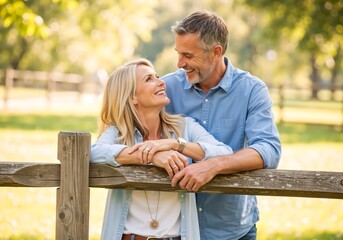 Happy mature couple in love smiling at each other outdoors. Affectionate middle-aged man and woman enjoying a romantic moment in a park