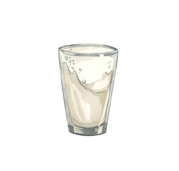 Transparent glass cup with milk. Watercolor.