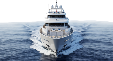 Front view of a large white luxury yacht sailing on blue ocean water with white wake isolated on a transparent background