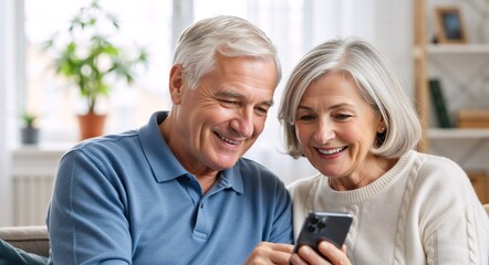 Smiling senior couple looking at a smartphone in their living room. Happy older man and woman using modern technology together
