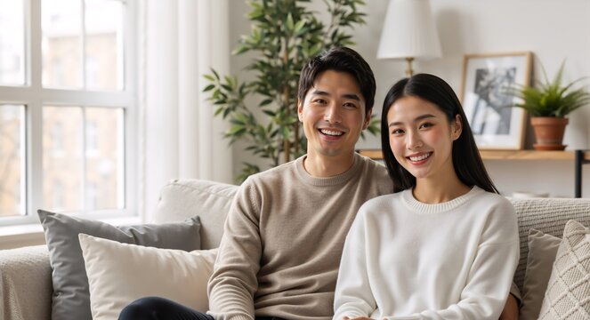 Happy young asian couple smiling at the camera while sitting on a sofa at home. Portrait of a loving man and woman relaxing together in their modern living room - Powered by Adobe