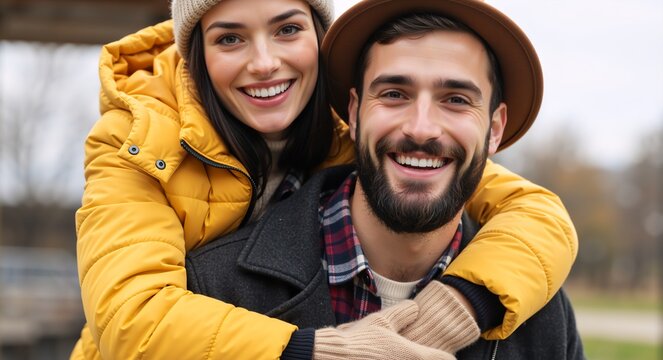 Portrait of a happy smiling couple in love. Young woman in a yellow jacket hugging her bearded boyfriend from behind outdoors