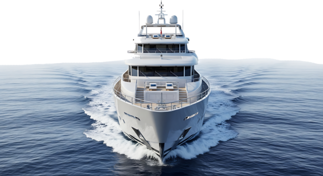 Front view of a large white luxury yacht sailing on blue ocean water with white wake isolated on a transparent background