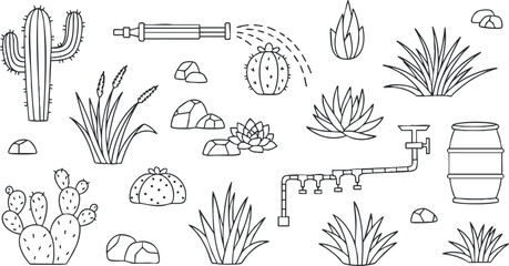 Obraz premium A collection of various cacti, succulents, and desert plants in outline vector style, suitable for nature-themed designs and gardening projects
