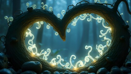 Intricate heart shaped frame with glowing vines in a mystical forest setting.