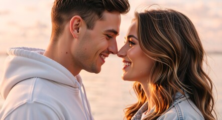 Fototapeta premium A happy young couple in love sharing an intimate moment at sunset. Close-up profile of a smiling man and woman looking at each other with affection