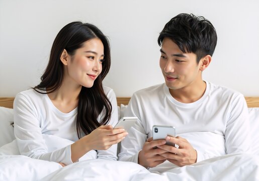 Young asian couple using smartphones in bed and smiling together. Happy man and woman sharing content on a mobile phone in the morning. Modern relationship and technology lifestyle concept