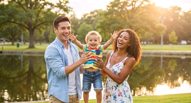 Happy mixed-race family with a toddler laughing in a park. Joyful mother and father holding their son outdoors during a sunny sunset - Powered by Adobe