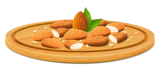 Almond on a wooden tray or cutting board. Whole and half almonds isolated on white background. Realistic nuts. Almond kernels are ripe and tasty, a source of protein. 3d vector illustration