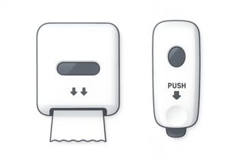 Wall mounted white soap dispenser and paper towel dispenser isolated on black background, public restroom hygiene equipment