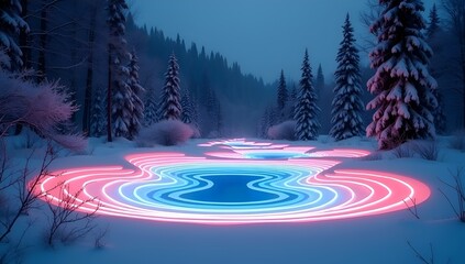 Neon light path through snowy forest at dusk with blue and pink glows.