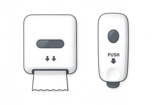 Wall mounted white soap dispenser and paper towel dispenser isolated on black background, public restroom hygiene equipment