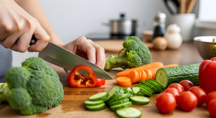 Close-up of hands chopping fresh red bell pepper on a wooden cutting board with various healthy vegetables in a bright kitchen setting, preparing a nutritious meal
