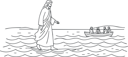 An illustration of Jesus walking on water towards a boat with disciples in black and white outline style, ideal for religious and biblical art