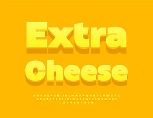 Vector Promotion label Extra Cheese. Bold Yellow Font. Classic 3D Alphabet Letters and Numbers set.