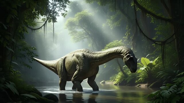 Dinosaur Walks in the Shallow Water Through Jungle Forest with Lush Greenery and Soft Lighting in Tropical Ambiance