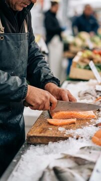 An experienced fishmonger expertly slices fresh salmon fillets on a wooden cutting board at an open-air market, creating a visually appealing image that evokes the fresh and vibrant atmosphere.