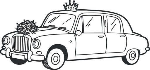 A wedding car decorated with flowers and a crown in outline minimalist vector style, perfect for wedding invitations and decorations