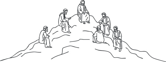 A group of six individuals sitting together on a mountain in a simple line art style, suitable for storytelling or community themes