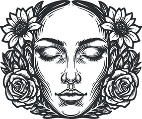Obraz premium A stylized female face adorned with roses and sunflowers in black and white line art style, ideal for tattoo designs or artistic projects