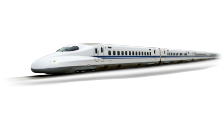 White Japanese Shinkansen bullet train with blue stripes moving on tracks isolated on a transparent background