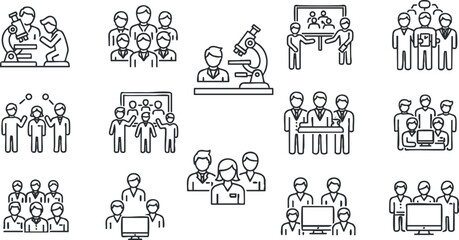 A collection of outline vector icons depicting teamwork and collaboration in scientific research, ideal for educational and professional contexts