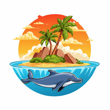Insel mit Palmen - im Meer schwimmt ein Delfin - Cartoon Comic Stil