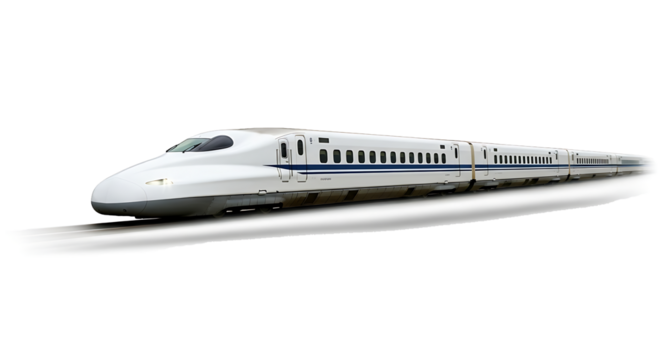 White Japanese Shinkansen bullet train with blue stripes moving on tracks isolated on a transparent background