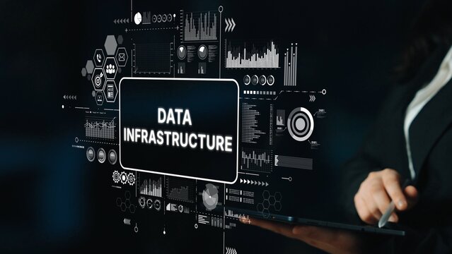 Modern Digital Display of Data Infrastructure Concept with Charts, Graphs, and Infographics for Technology and Business Visualization. Asymptotic smart data analytic.