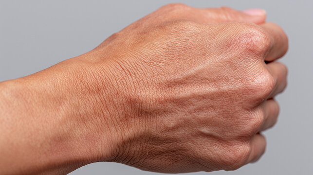 Close up focus of wrist showing clean healthy skin with soft texture, minimal wrinkles, and natural tone, expressing calm and well groomed appearance