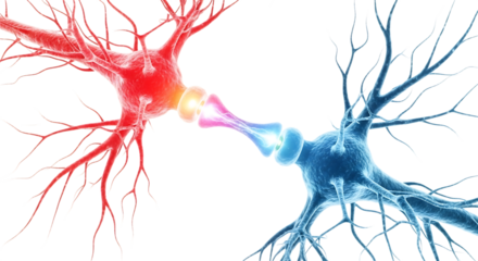 Close up of two neurons transmitting signals with glowing synapses, cutout, PNG isolated on white or transparent background