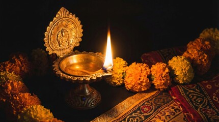 Golden diya glowing in darkness, symbolizing tradition and festive spirit in Indian culture