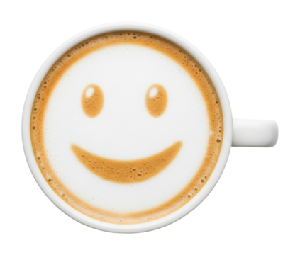 Sipping joyful coffee with a smiley face in a cozy  atmosphere isolated on transparent background