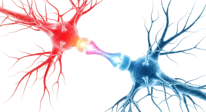 Close up of two neurons transmitting signals with glowing synapses, cutout, PNG isolated on white or transparent background