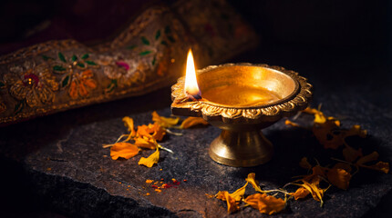 Golden diya glowing in darkness, symbolizing tradition and festive spirit in Indian culture