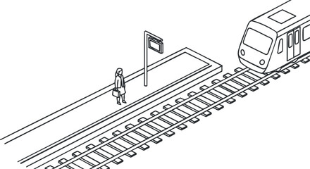 A person waiting at a train station beside tracks with a train approaching in minimalist outline vector style, suitable for transport themes and urban graphics