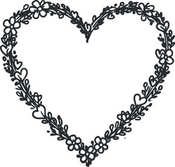 A decorative heart shape filled with intricate floral patterns in black outline vector style, perfect for romantic designs and crafts