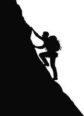 Silhouette climber ascending steep mountain peak