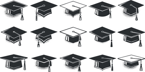 A set of graduation caps with tassels in black and white outline vector style, perfect for educational themes and designs