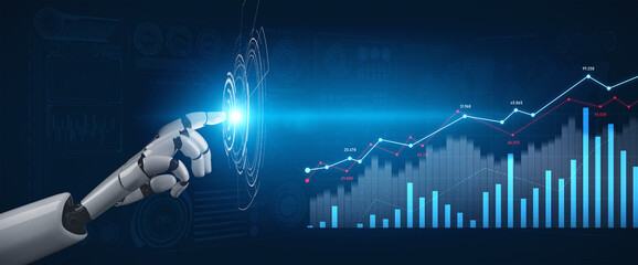 A robotic hand interacts with a virtual data display featuring bright graphs and charts,...