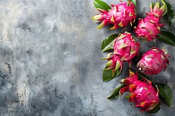 Contemporary flat lay vibrant dragon fruits on textured concrete surface. theme freshness, wellness, tropical themes, perfect for packaging, social media templates, creative food concepts